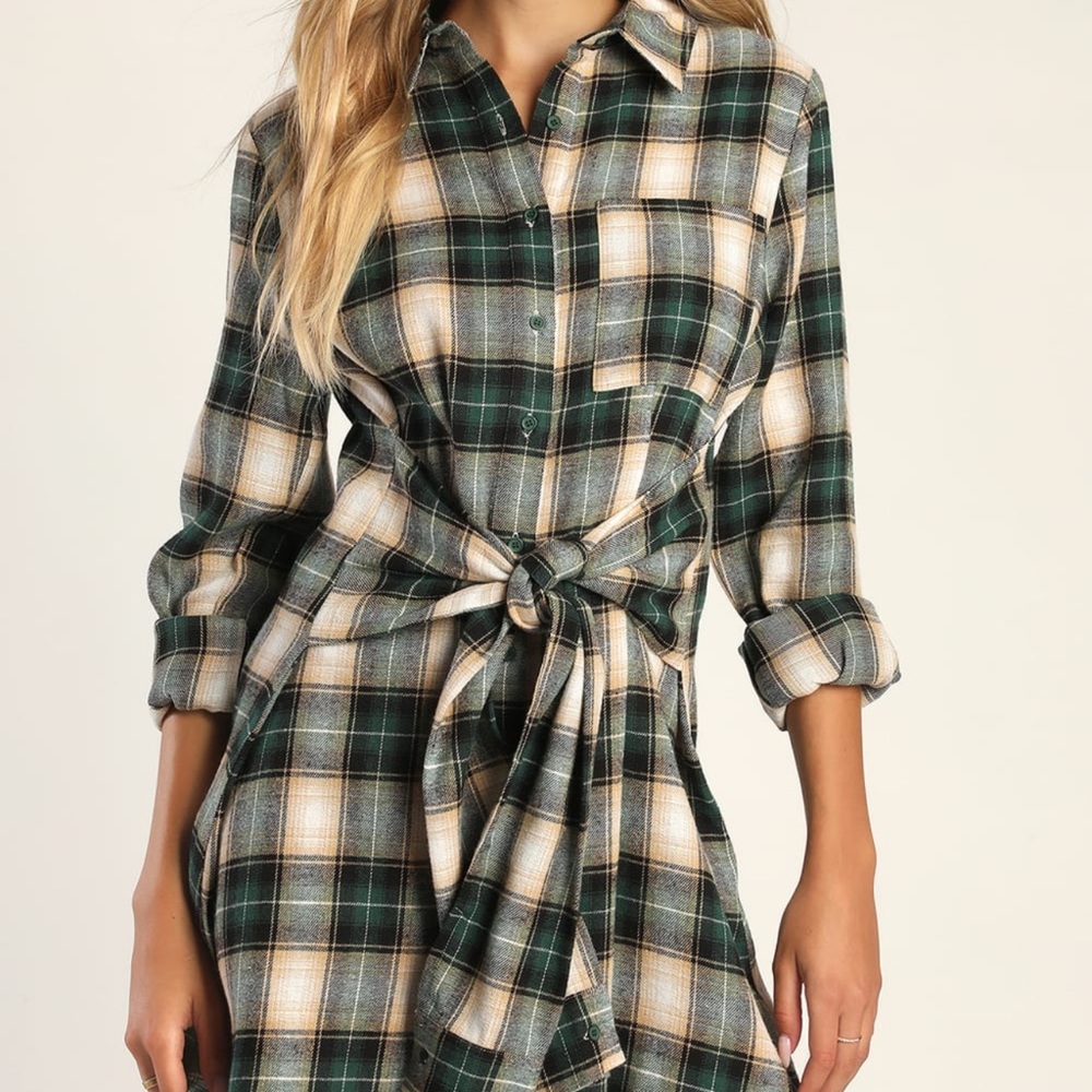 Green Plaid Tie-Front Dress 💚 - Picture 3 of 5